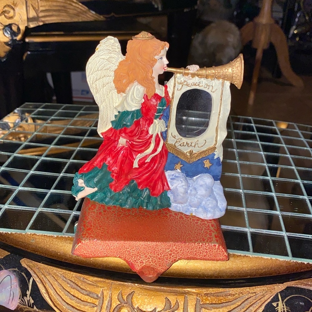 Vintage Angel with picture frame stocking holder Cast Iron